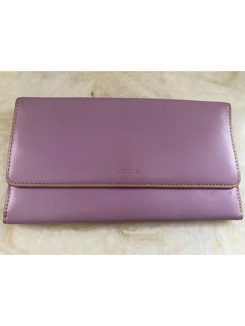 Lodis RFID Leather Lavender Wallet Beige Accent Snap Closure Zip Compartment